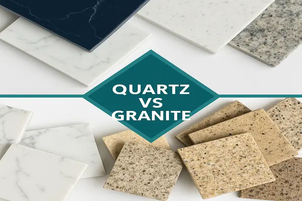Samples of granite, quartz, quartzite, and Dekton on a worktable