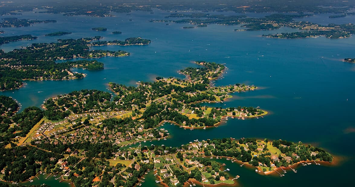 Lake Norman shoreline with docks and water views.